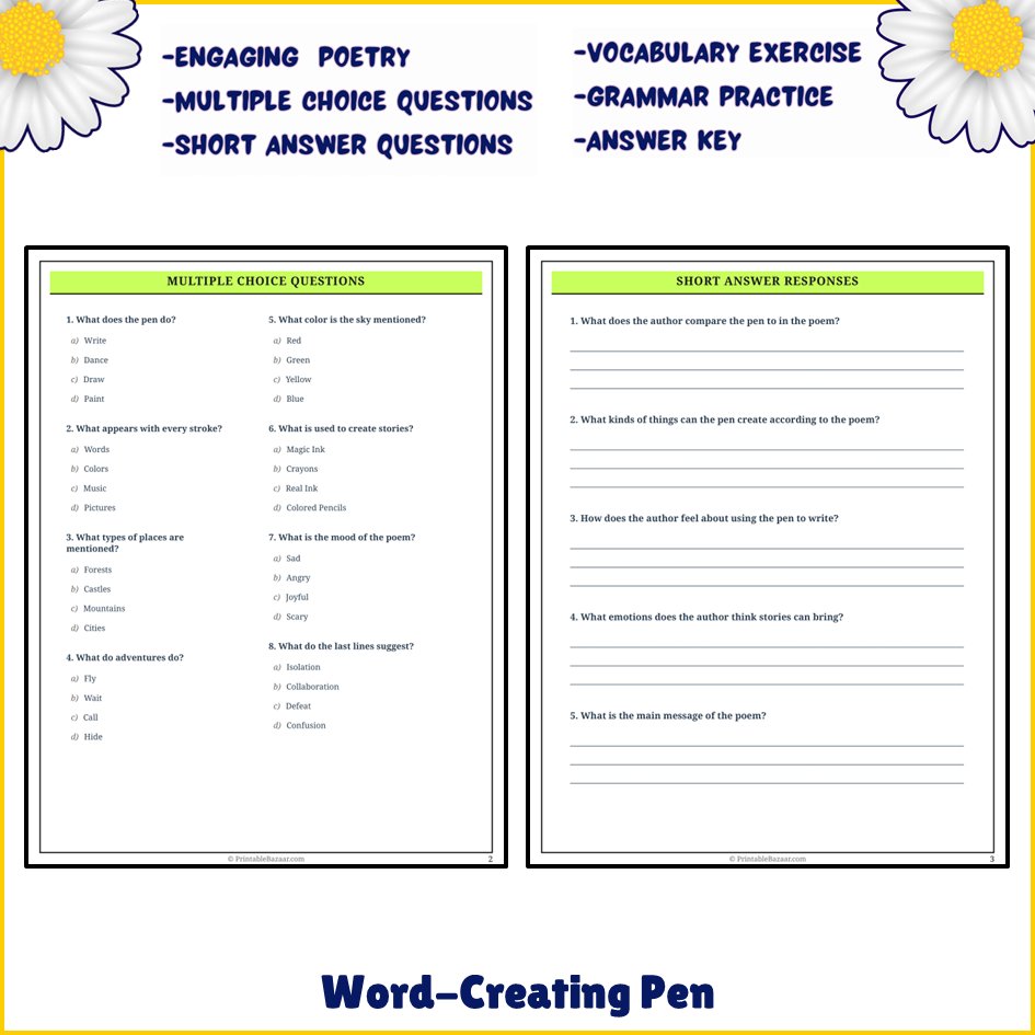 Word-Creating Pen | Poem Grammar Worksheet Printable Activity