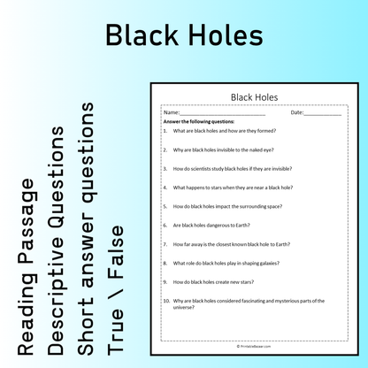 Black Holes | Reading Comprehension Passage Printable Worksheet