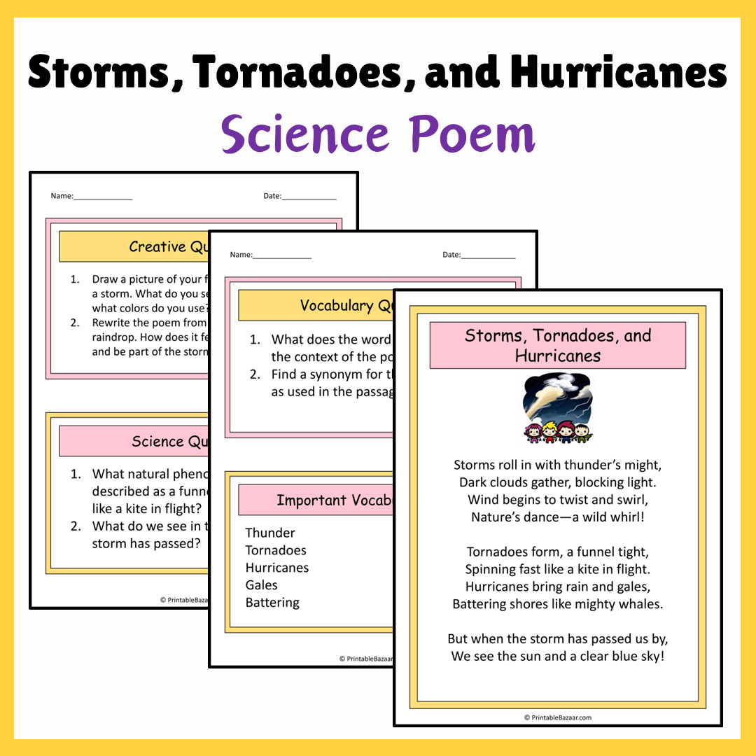 Storms, Tornadoes, and Hurricanes | Science Poem Reading Comprehension Activity