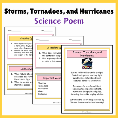 Storms, Tornadoes, and Hurricanes | Science Poem Reading Comprehension Activity