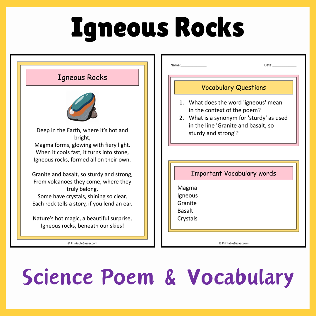 Igneous Rocks | Science Poem Reading Comprehension Activity