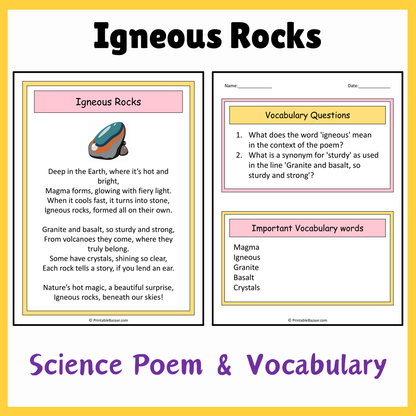 Igneous Rocks | Science Poem Reading Comprehension Activity