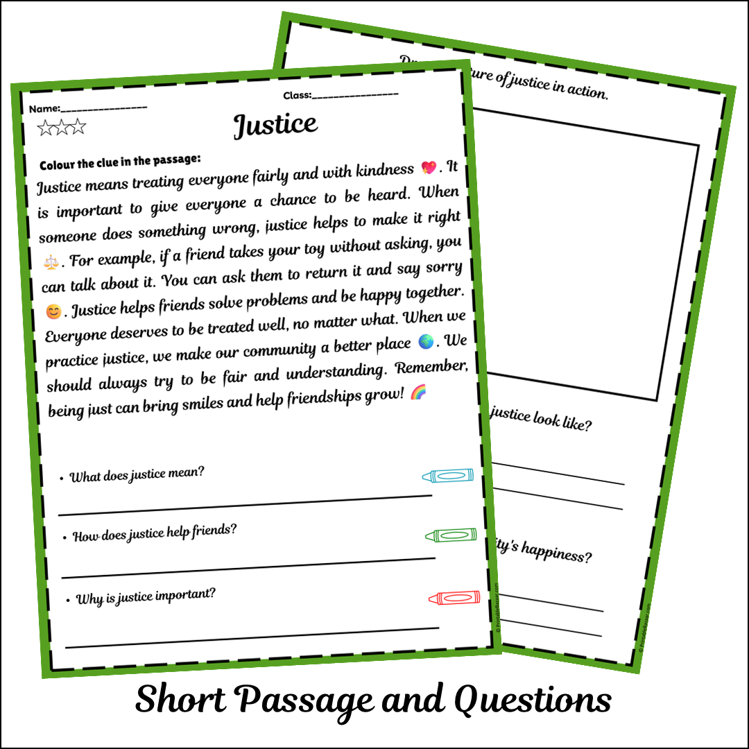 Justice | Short Reading Comprehension Creative Worksheet