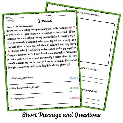 Justice | Short Reading Comprehension Creative Worksheet