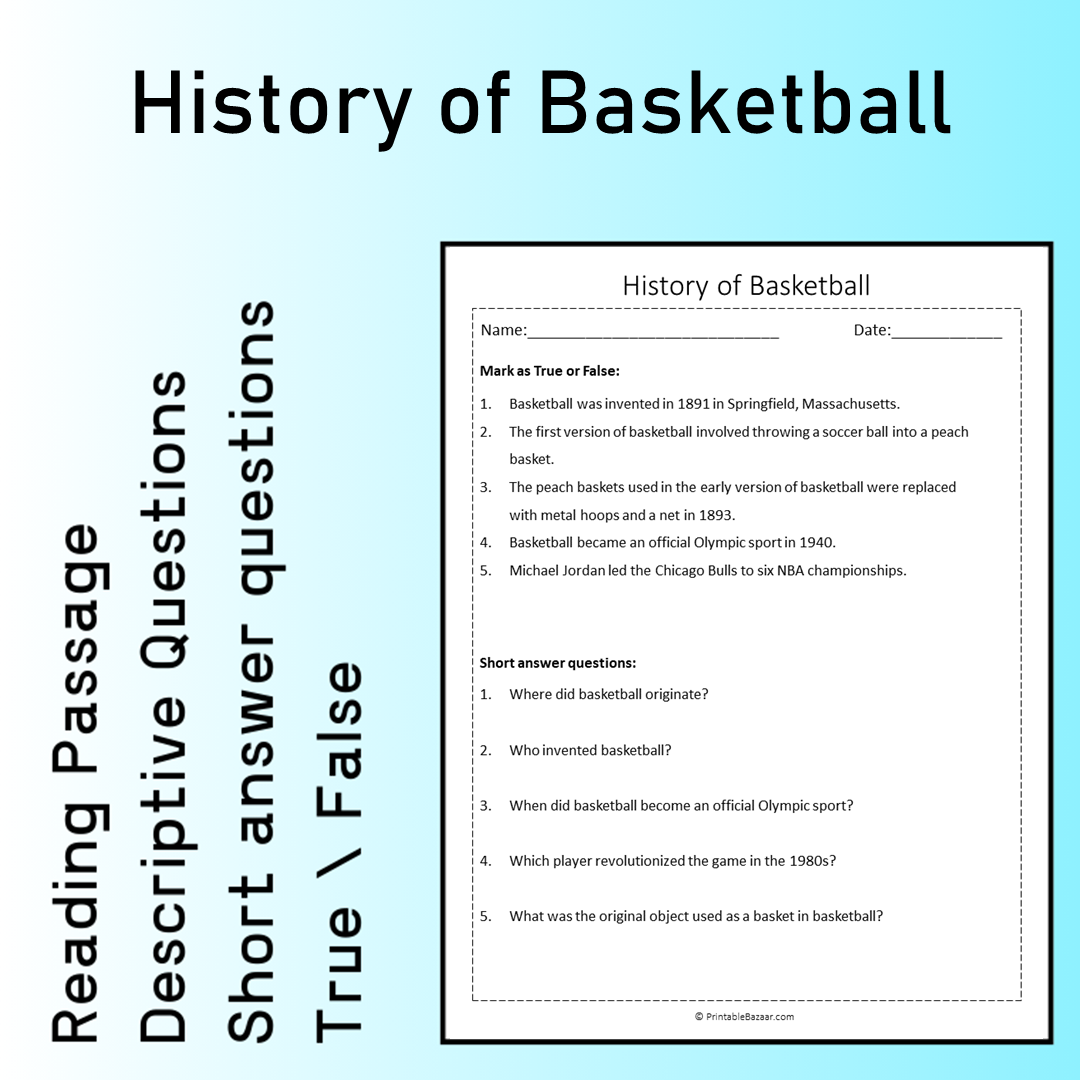 History of Basketball | Reading Comprehension Passage Printable Worksheet