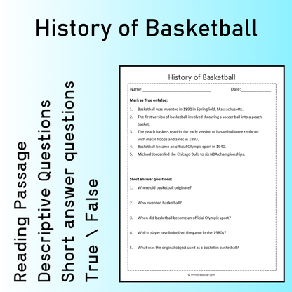 History of Basketball | Reading Comprehension Passage Printable Worksheet