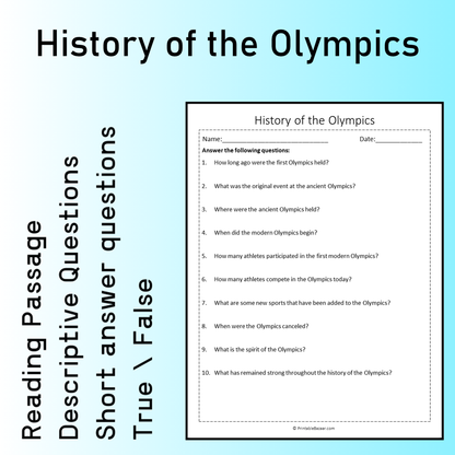 History of the Olympics | Reading Comprehension Passage Printable Worksheet