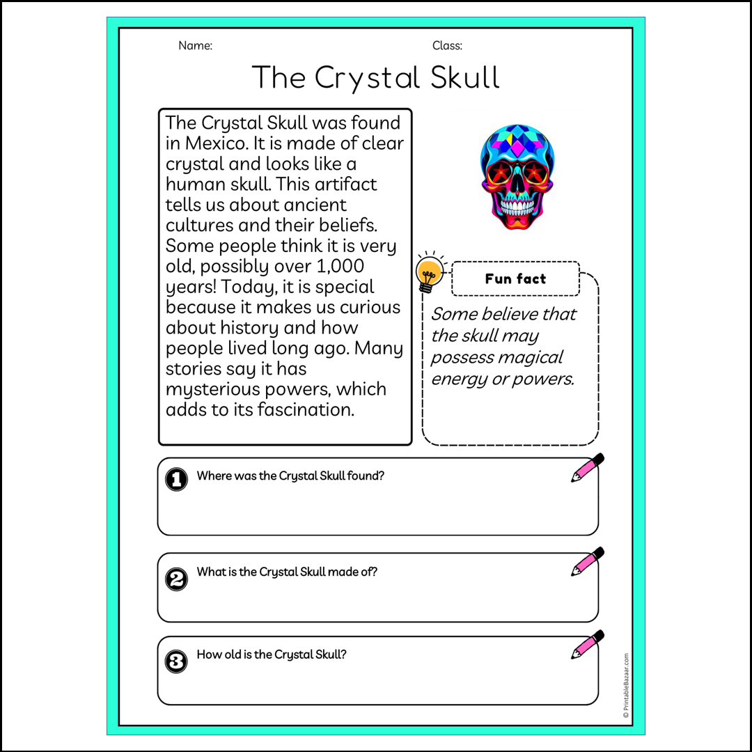 The Crystal Skull | Reading Passage Comprehension Questions Writing Facts Worksheet