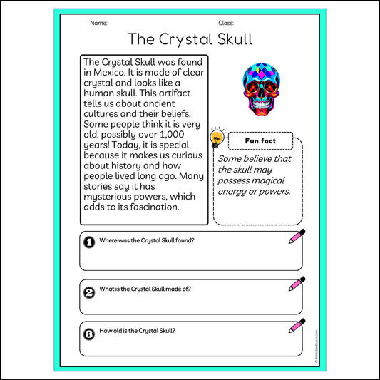 The Crystal Skull | Reading Passage Comprehension Questions Writing Facts Worksheet