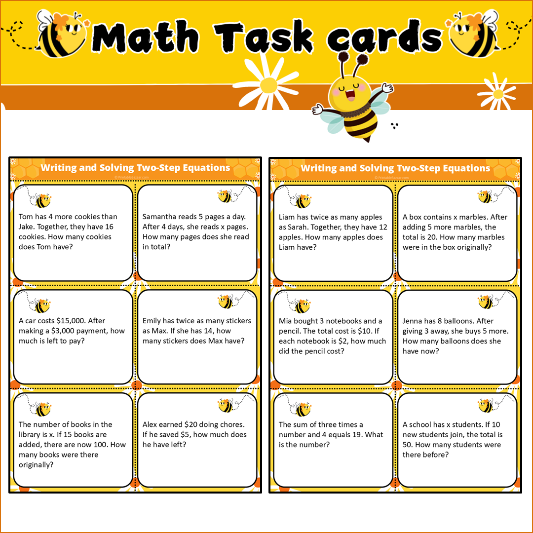 Writing and Solving Two-Step Equations | Math Task Cards