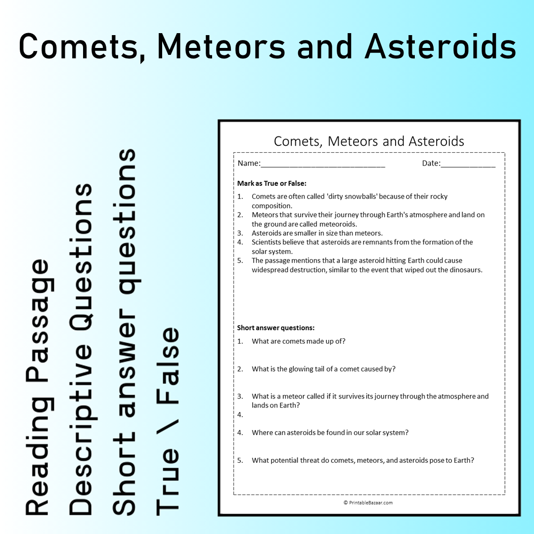 Comets, Meteors and Asteroids | Reading Comprehension Passage Printable Worksheet