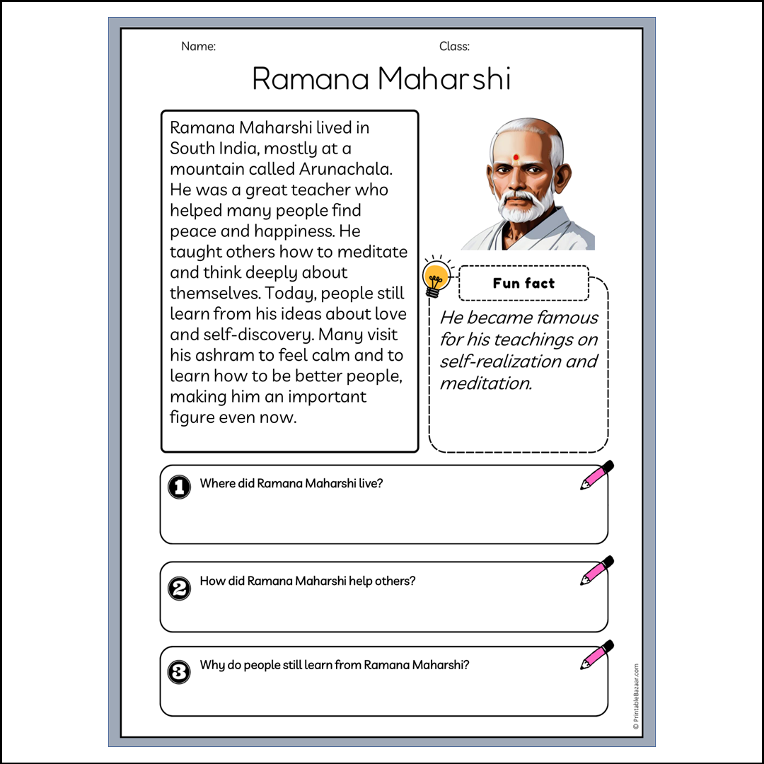 Ramana Maharshi | Reading Passage Comprehension Questions Writing Facts Worksheet