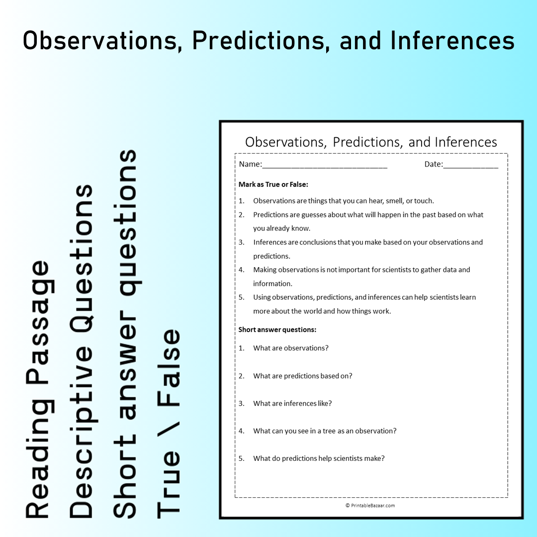 Observations, Predictions, and Inferences | Reading Comprehension Passage Printable Worksheet