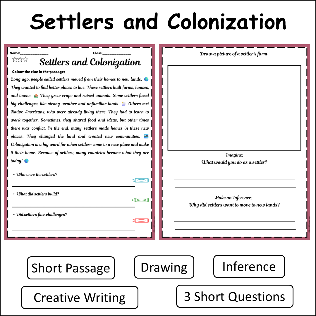 Settlers and Colonization | Short Reading Comprehension Creative Worksheet