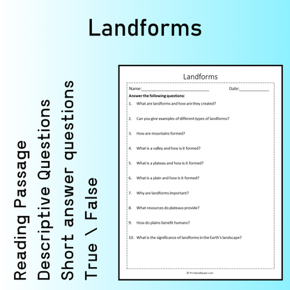 Landforms | Reading Comprehension Passage Printable Worksheet