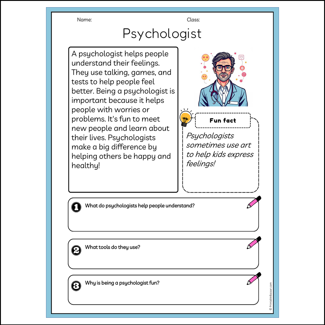 Psychologist | Reading Passage Comprehension Questions Writing Facts Worksheet