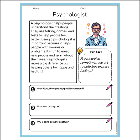 Psychologist | Reading Passage Comprehension Questions Writing Facts Worksheet