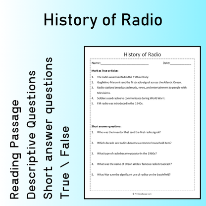 History of Radio | Reading Comprehension Passage Printable Worksheet