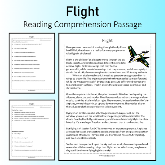Flight | Reading Comprehension Passage Printable Worksheet