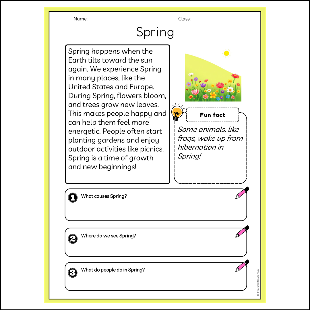 Spring | Reading Passage Comprehension Questions Writing Facts Worksheet