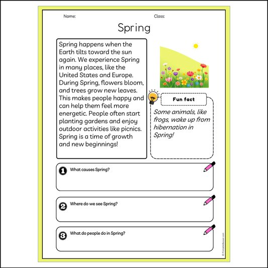 Spring | Reading Passage Comprehension Questions Writing Facts Worksheet