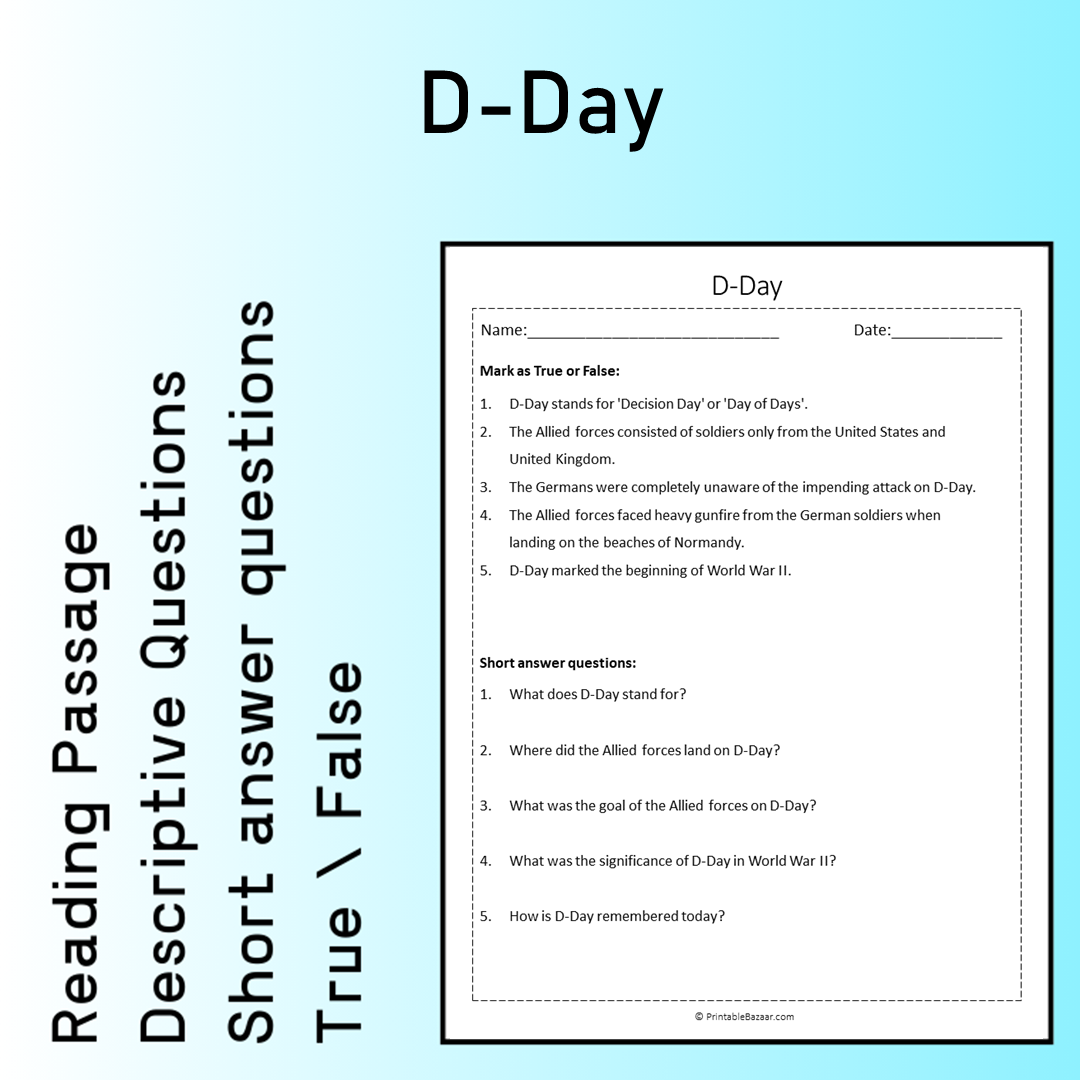 D-Day | Reading Comprehension Passage Printable Worksheet