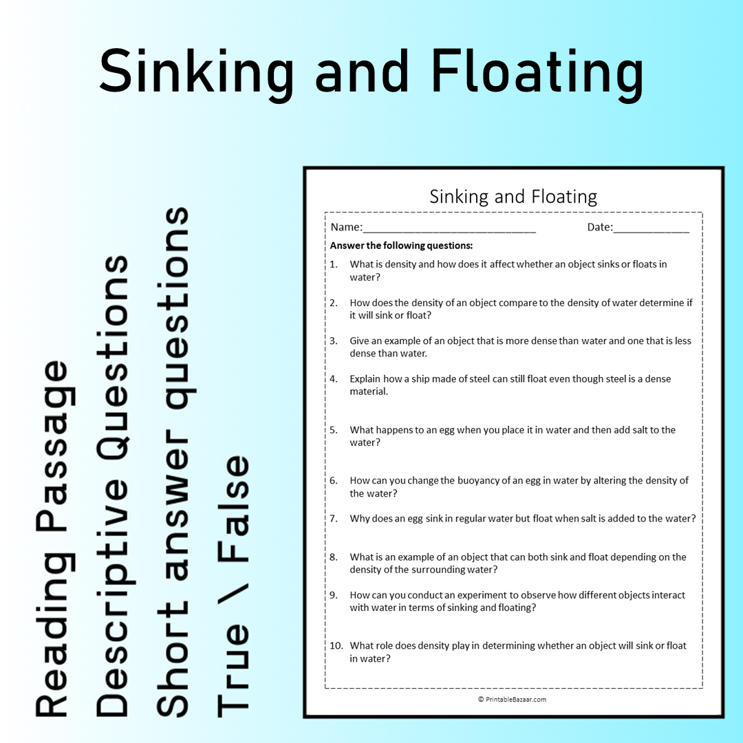 Sinking and Floating | Reading Comprehension Passage Printable Worksheet
