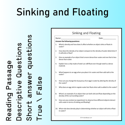 Sinking and Floating | Reading Comprehension Passage Printable Worksheet