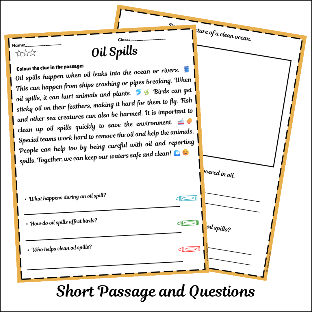 Oil Spills | Short Reading Comprehension Creative Worksheet