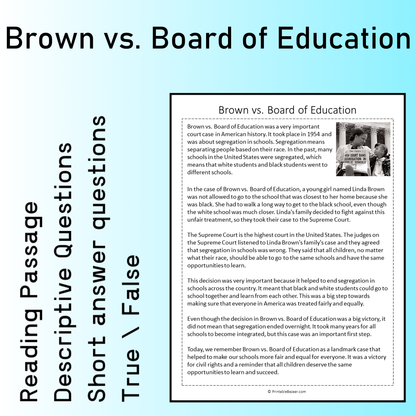 Brown vs. Board of Education | Reading Comprehension Passage Printable Worksheet