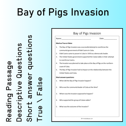 Bay of Pigs Invasion | Reading Comprehension Passage Printable Worksheet