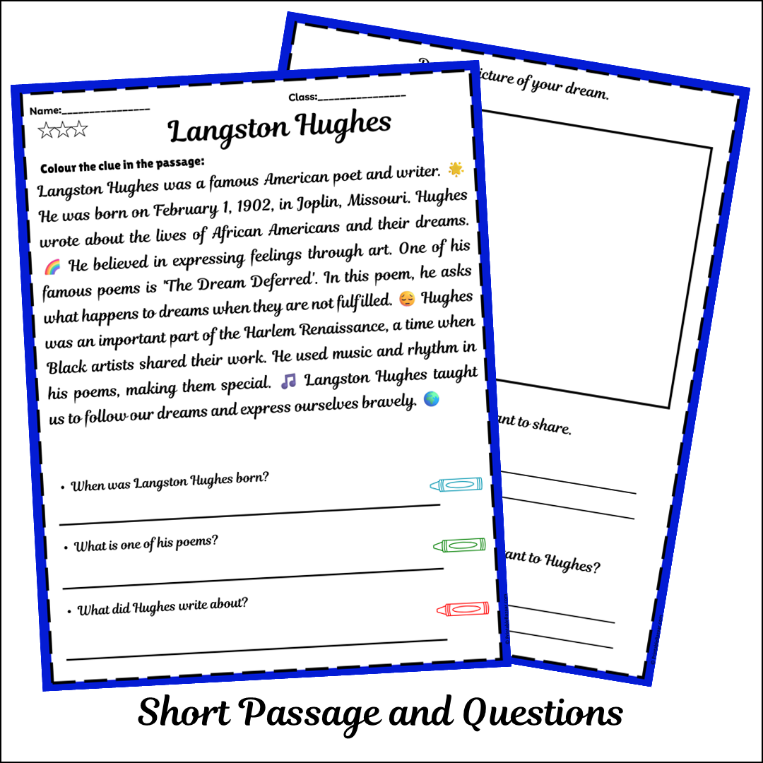 Langston Hughes | Short Reading Comprehension Creative Worksheet