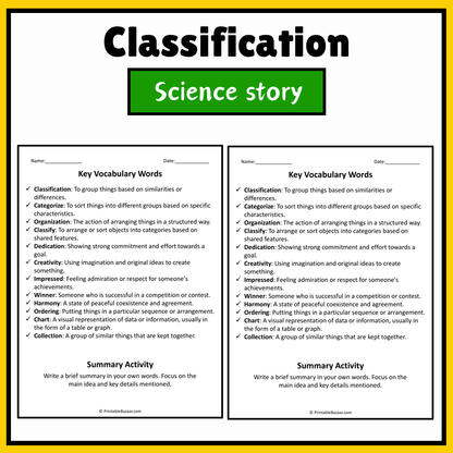 Classification | Science Story Reading Comprehension Activity