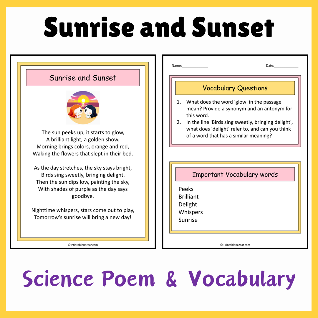 Sunrise and Sunset | Science Poem Reading Comprehension Activity