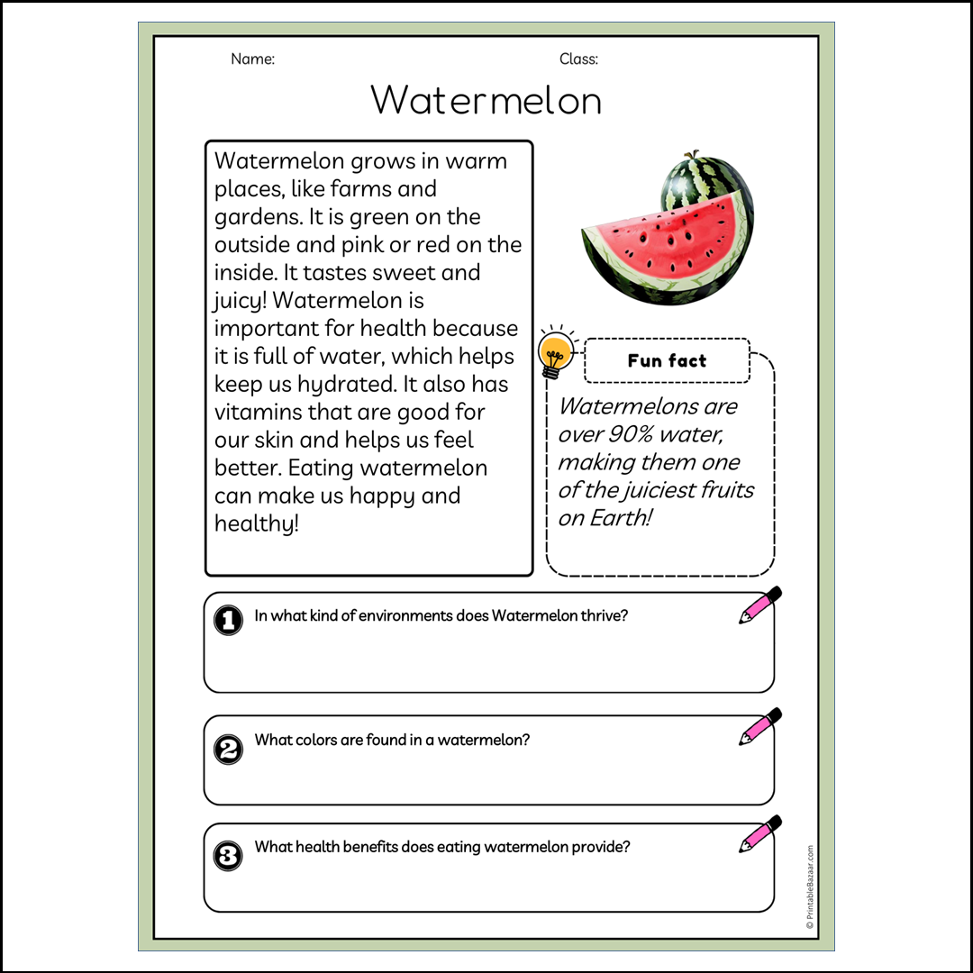 Watermelon | Reading Passage Comprehension Questions Writing Facts Worksheet