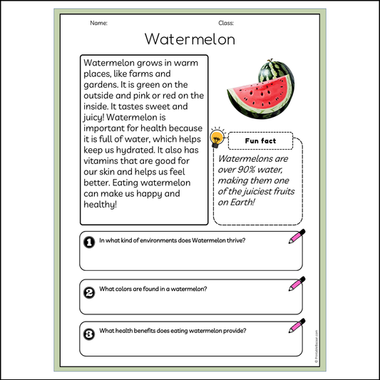 Watermelon | Reading Passage Comprehension Questions Writing Facts Worksheet