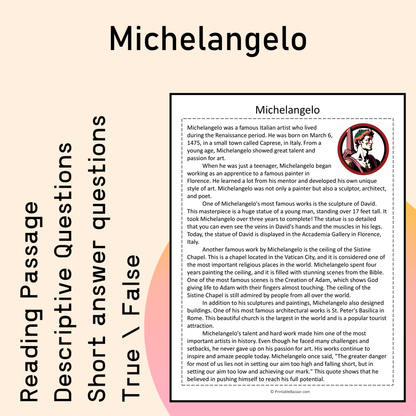 Michelangelo | Reading Comprehension Passage Printable Activity