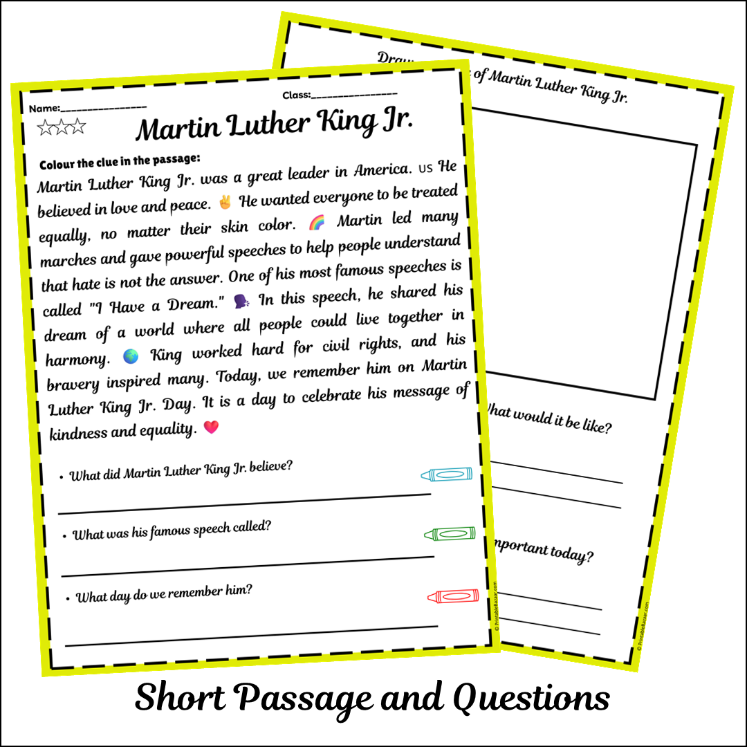 Martin Luther King Jr. | Short Reading Comprehension Creative Worksheet
