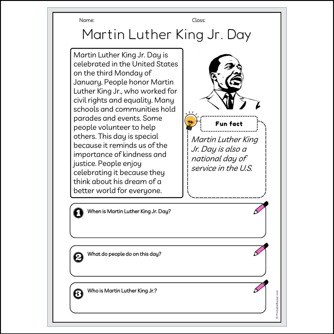 Martin Luther King Jr. Day | Reading Passage Comprehension Questions Writing Facts Worksheet