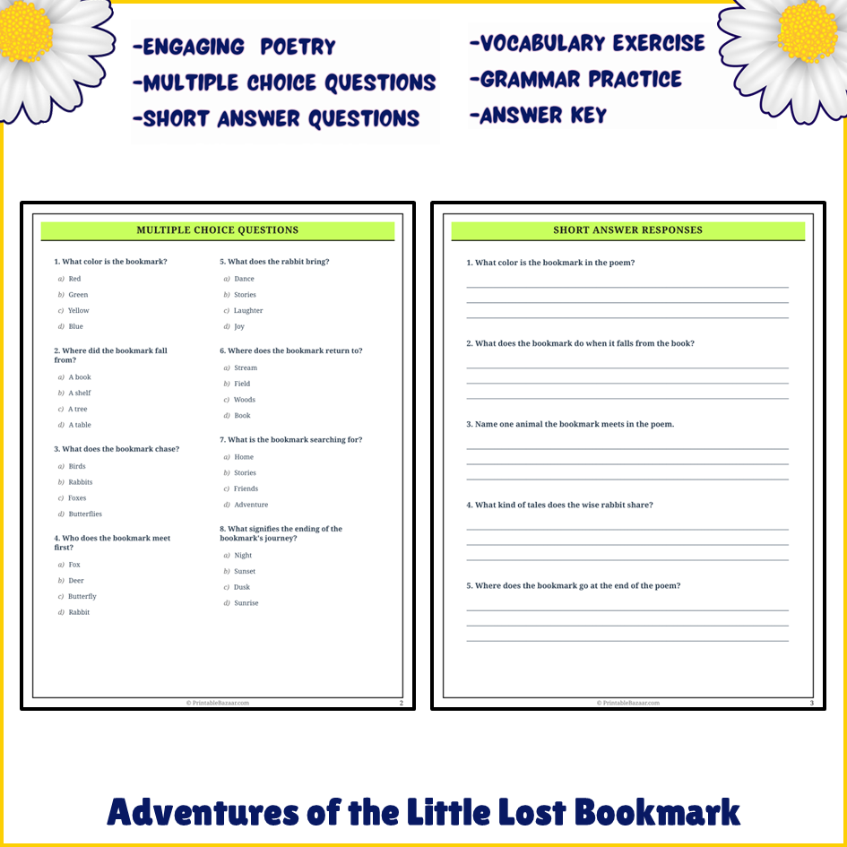 Adventures of the Little Lost Bookmark | Poem Grammar Worksheet Printable Activity