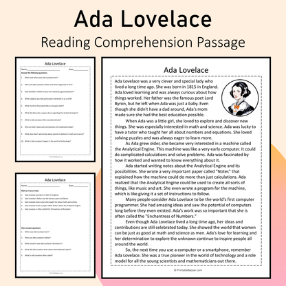 Ada Lovelace | Reading Comprehension Passage Printable Activity