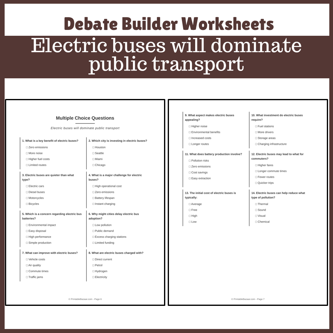 Electric buses will dominate public transport | Favour and Against Worksheet Printable Activity