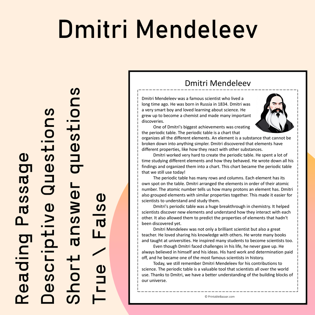 Dmitri Mendeleev | Reading Comprehension Passage Printable Activity