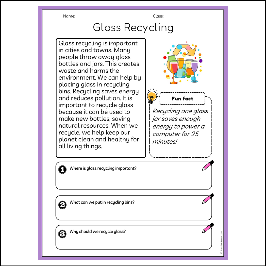 Glass Recycling | Reading Passage Comprehension Questions Writing Facts Worksheet