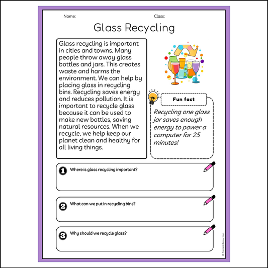 Glass Recycling | Reading Passage Comprehension Questions Writing Facts Worksheet