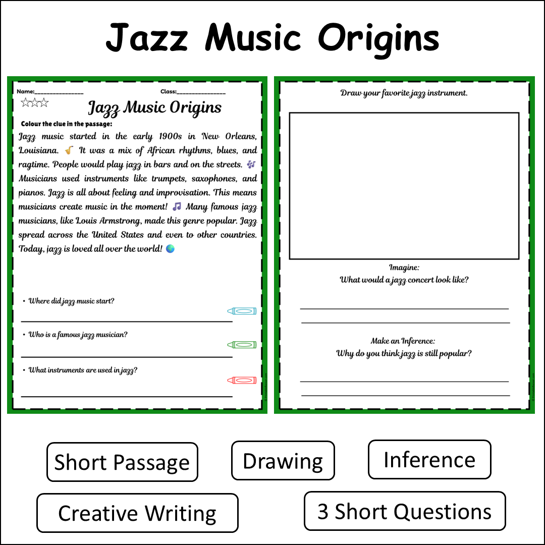 Jazz Music Origins | Short Reading Comprehension Creative Worksheet