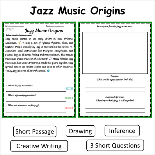 Jazz Music Origins | Short Reading Comprehension Creative Worksheet