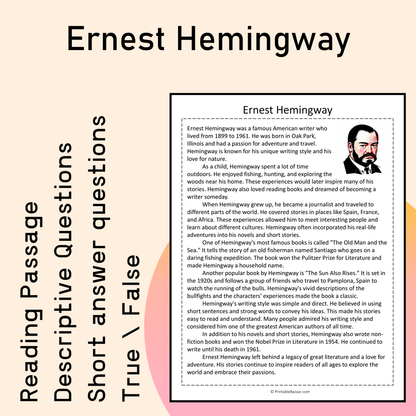 Ernest Hemingway | Reading Comprehension Passage Printable Activity
