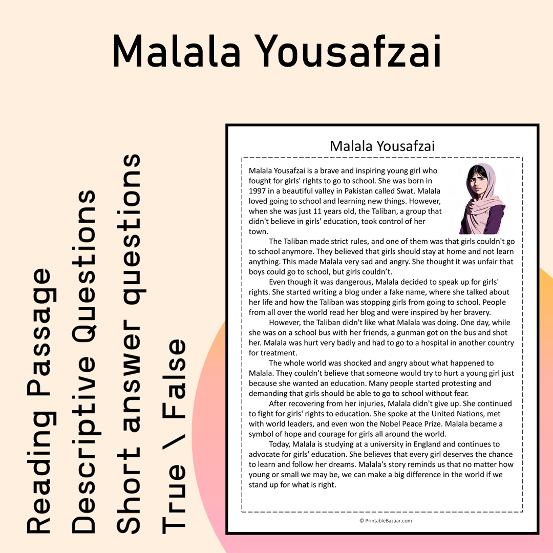 Malala Yousafzai | Reading Comprehension Passage Printable Activity