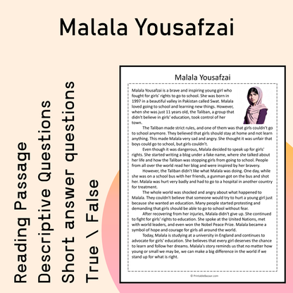 Malala Yousafzai | Reading Comprehension Passage Printable Activity